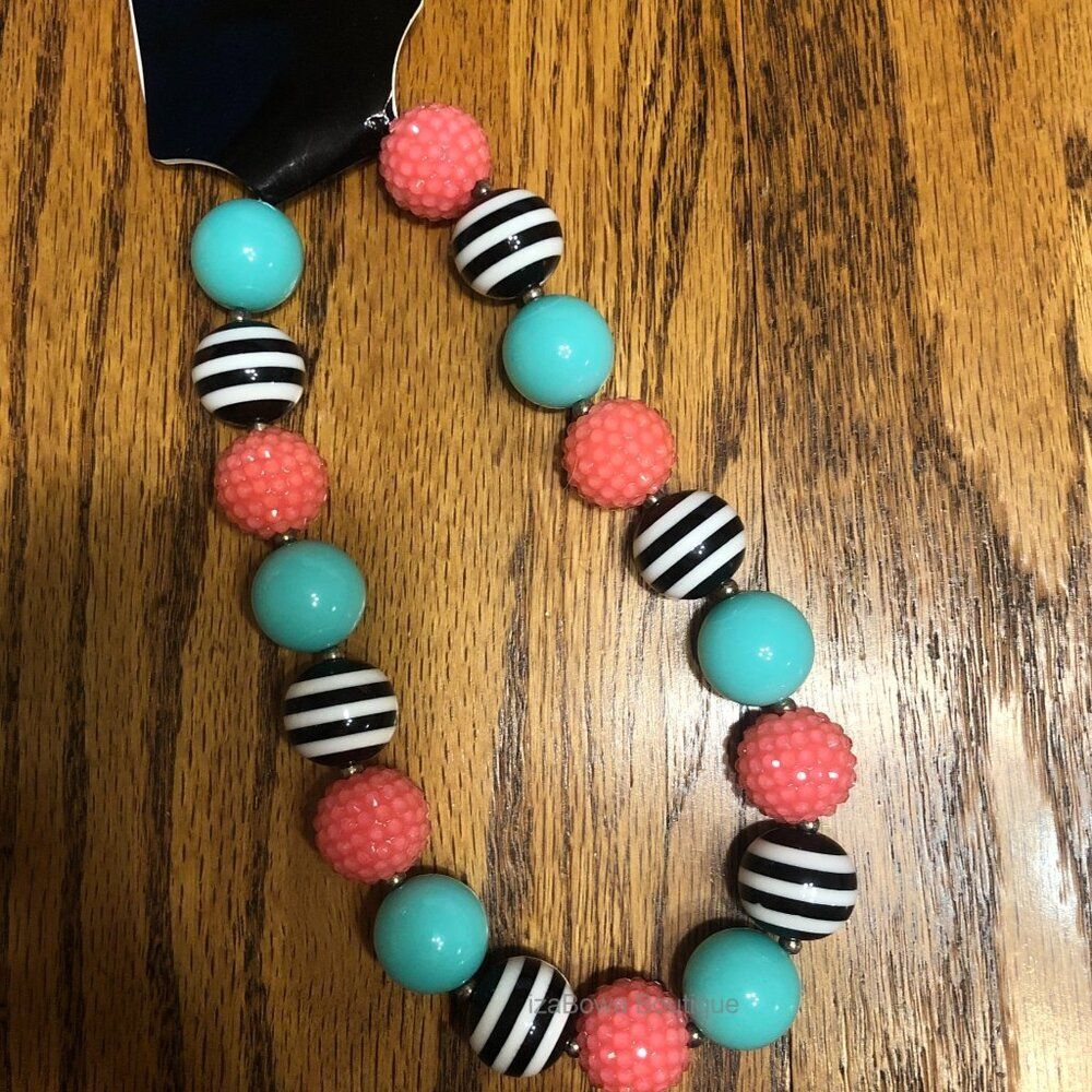 Black Stripe, Pink Sparkle & Mint Chunky Bead Necklace  HAND CRAFTED  NK7191 NWT
